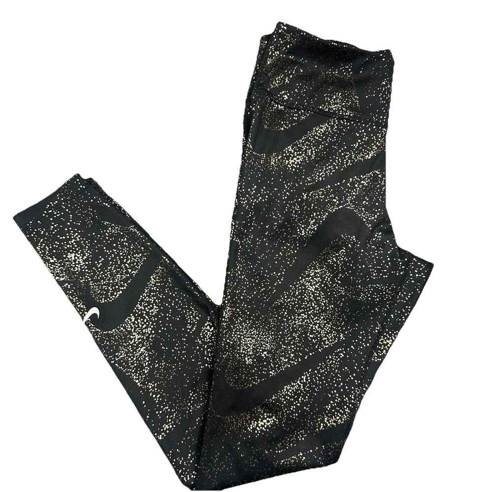 Nike Dri Fit Leggings Women's Small 26x27.5 Inch Black Gold Mid-Rise Logo Pocket